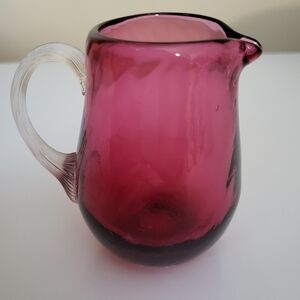 Vintage Small Cranberry Optic Blown Glass Pitcher with Applied Clear Handle